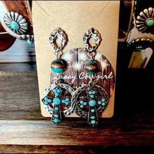 Western Turquoise Cross Beaded Hoop Earrings